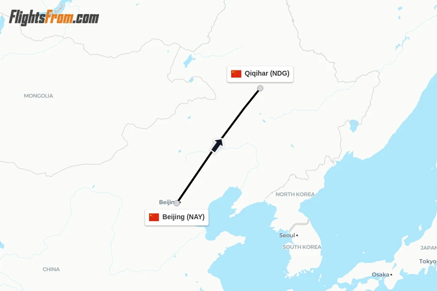 Flights from Beijing to Qiqihar route map