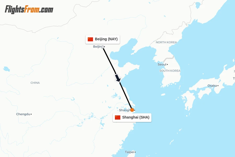 Flights from Beijing to Shanghai route map