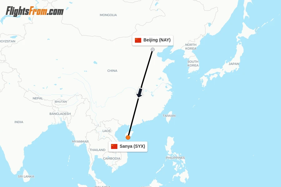 Flights from Beijing to Sanya route map