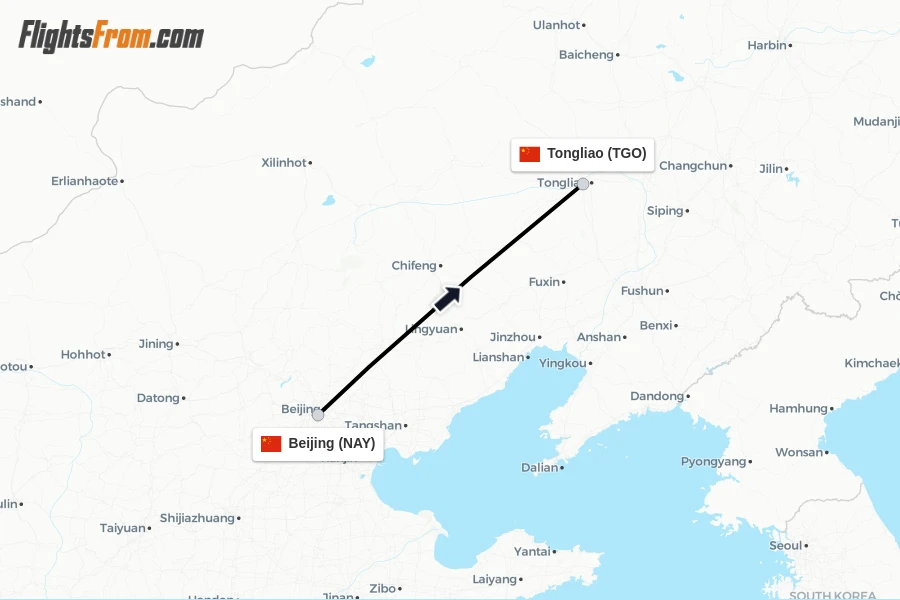 Flights from Beijing to Tongliao route map