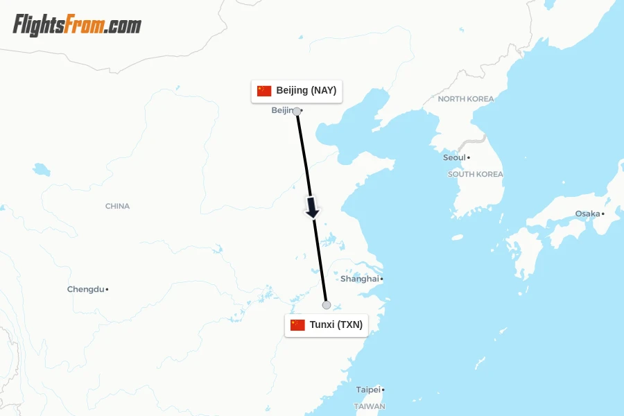 Flights from Beijing to Tunxi route map