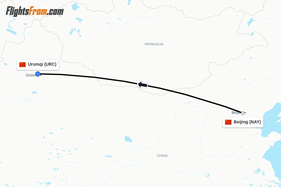 Flights from Beijing to Urumqi route map