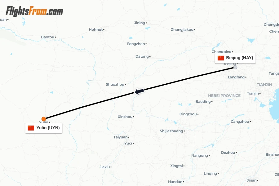 Flights from Beijing to Yulin route map