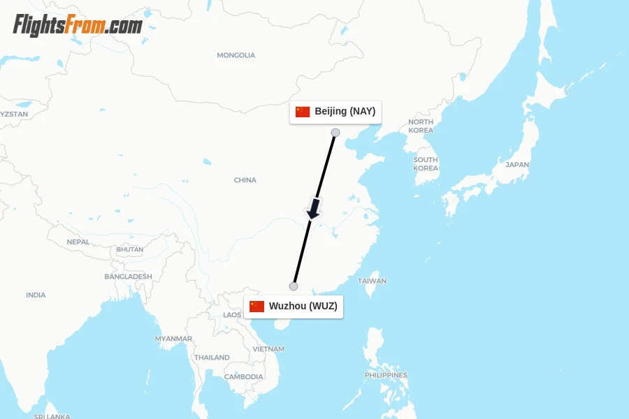 Flights from Beijing to Wuzhou route map