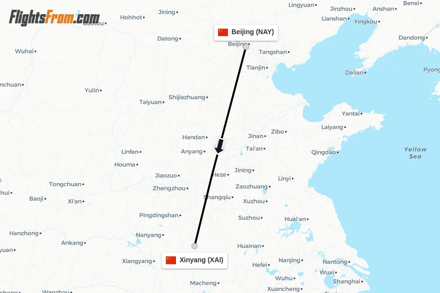 Flights from Beijing to Xinyang route map