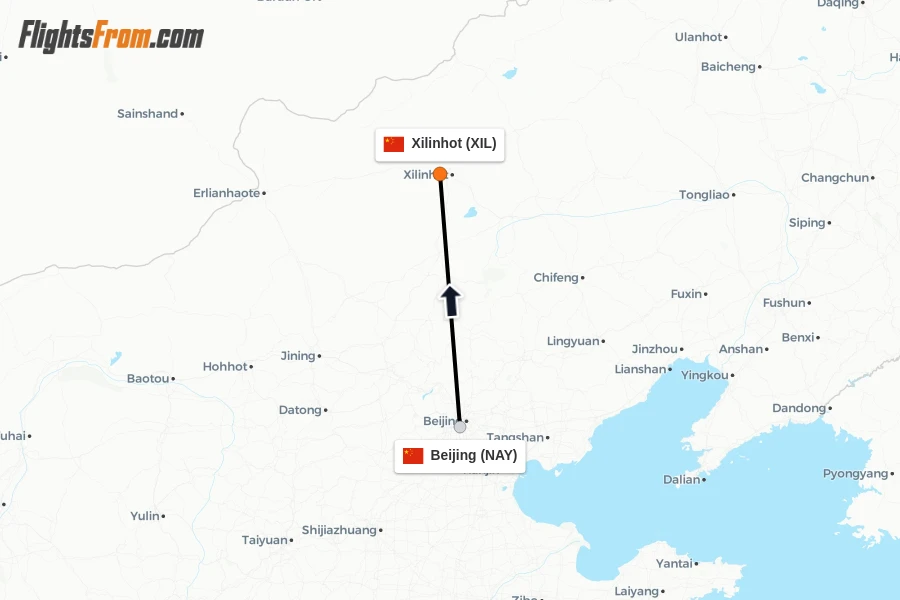 Flights from Beijing to Xilinhot route map
