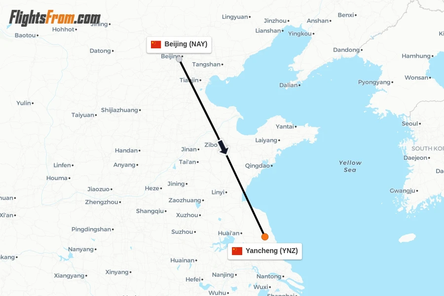 Flights from Beijing to Yancheng route map