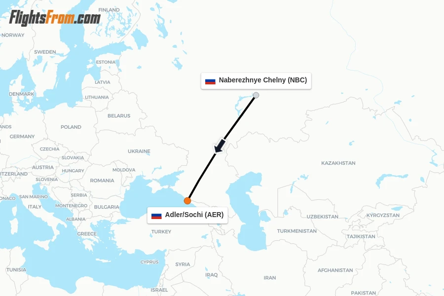 Flights from Naberezhnye Chelny to Adler/Sochi route map