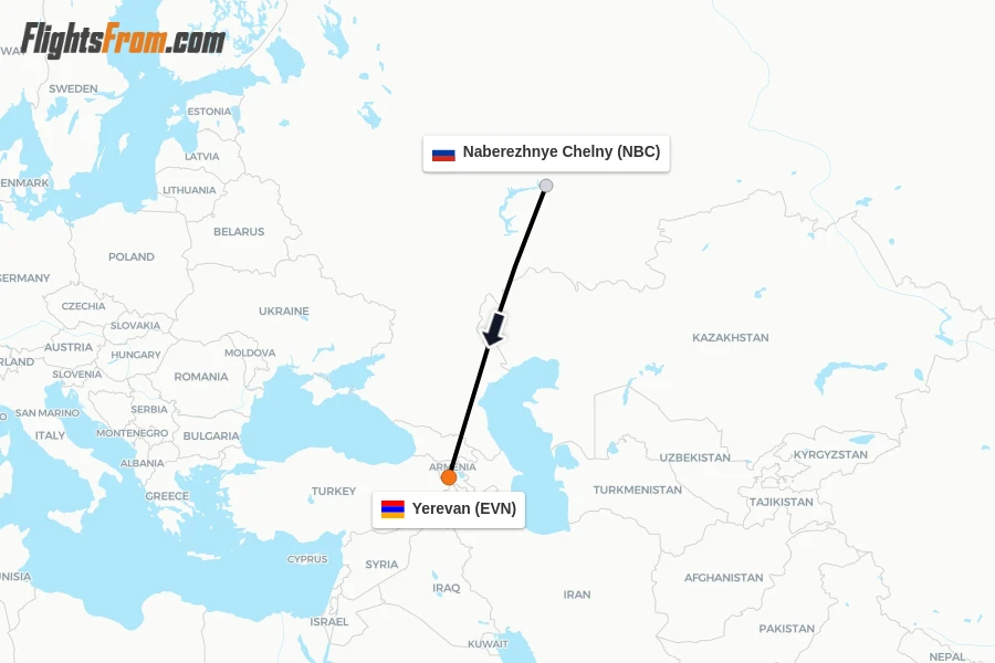 Flights from Naberezhnye Chelny to Yerevan route map