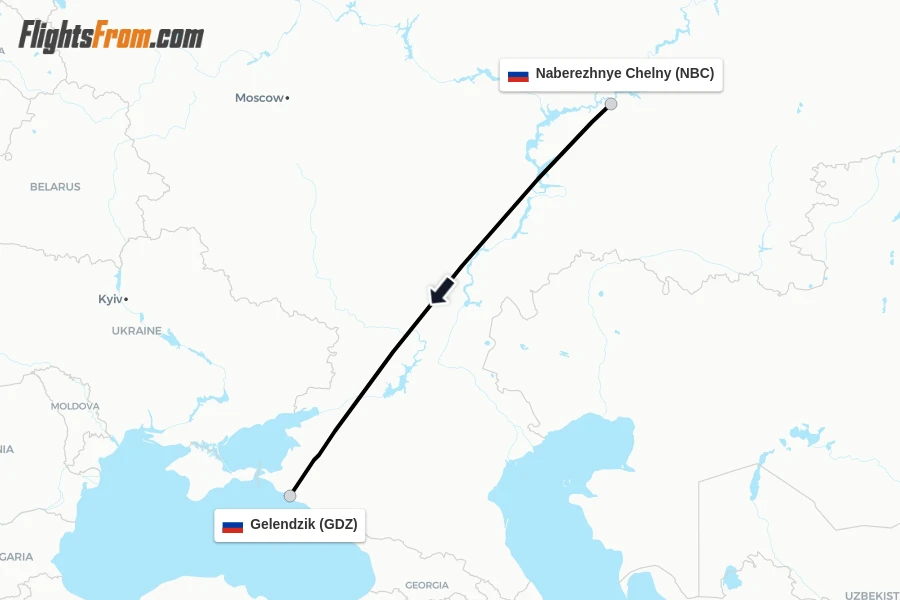 Flights from Naberezhnye Chelny to Gelendzik route map