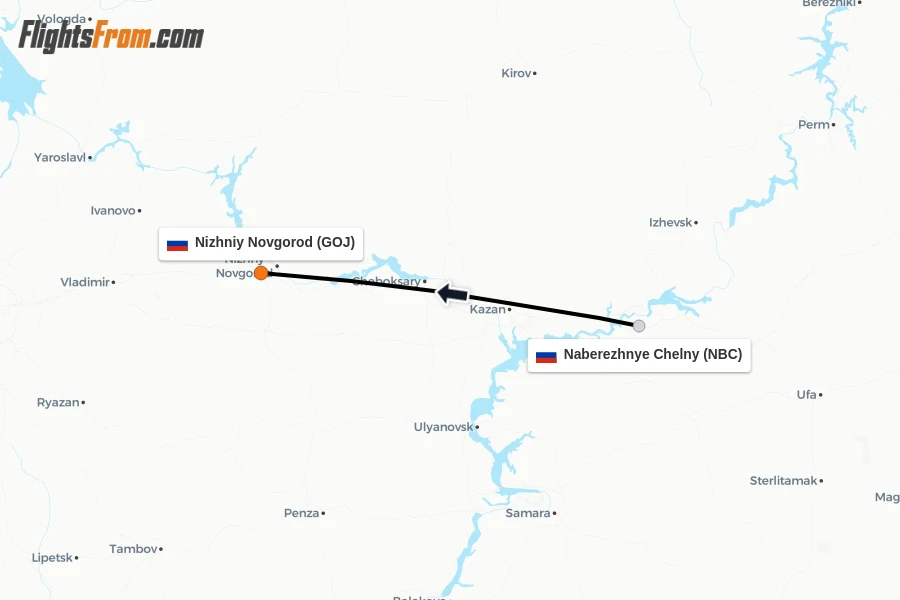Flights from Naberezhnye Chelny to Nizhniy Novgorod route map