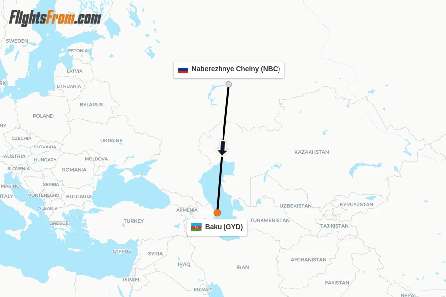 Flights from Naberezhnye Chelny to Baku route map