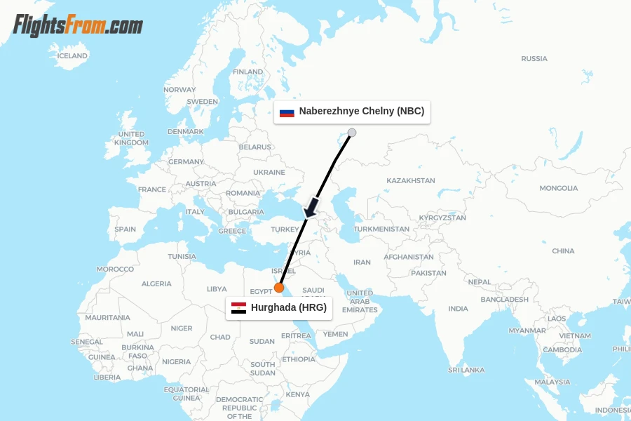 Flights from Naberezhnye Chelny to Hurghada route map