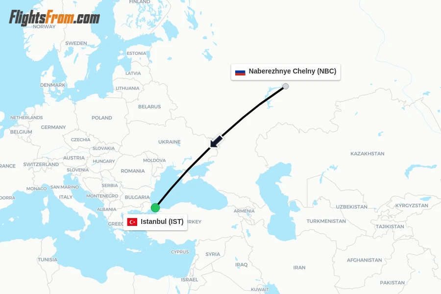 Flights from Naberezhnye Chelny to Istanbul route map