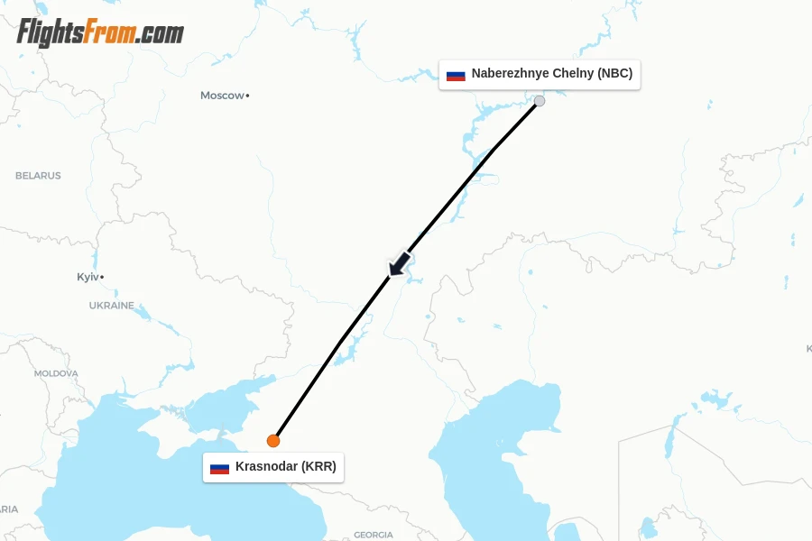 Flights from Naberezhnye Chelny to Krasnodar route map