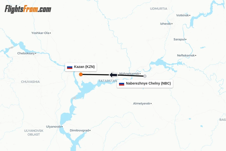 Flights from Naberezhnye Chelny to Kazan route map