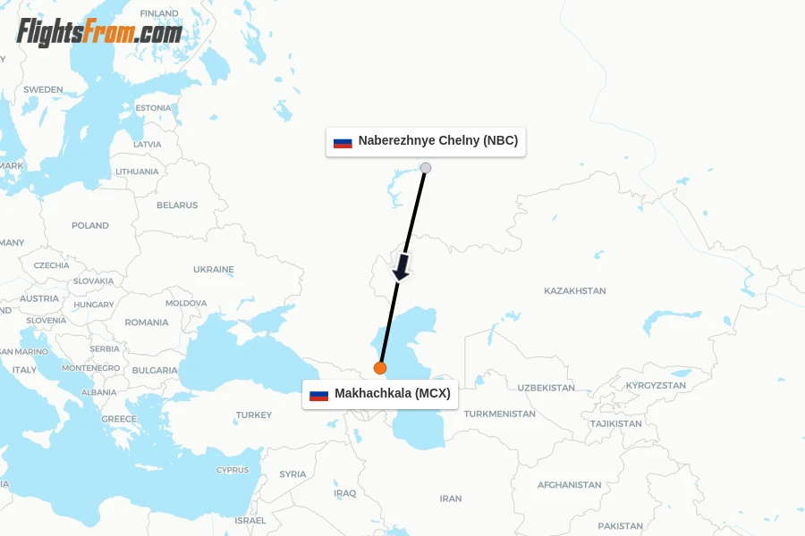 Flights from Naberezhnye Chelny to Makhachkala route map