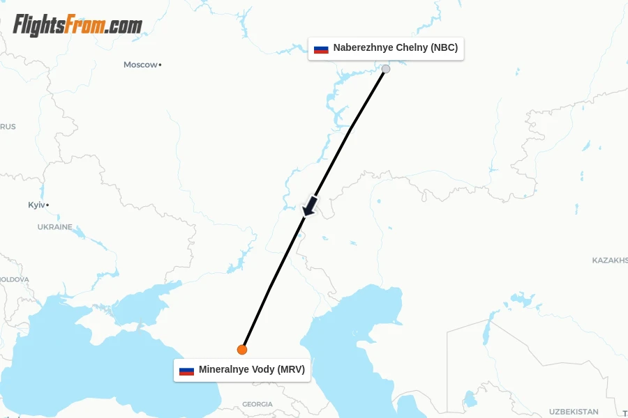 Flights from Naberezhnye Chelny to Mineralnye Vody route map