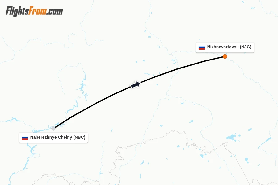 Flights from Naberezhnye Chelny to Nizhnevartovsk route map