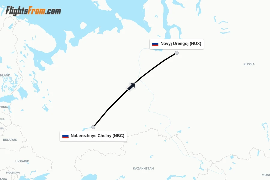 Flights from Naberezhnye Chelny to Novyj Urengoj route map