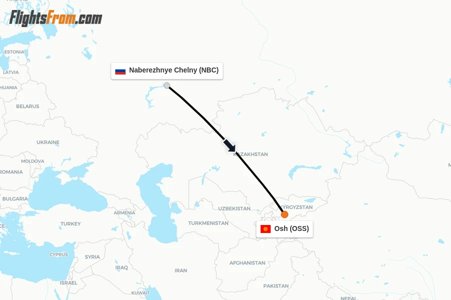 Flights from Naberezhnye Chelny to Osh route map