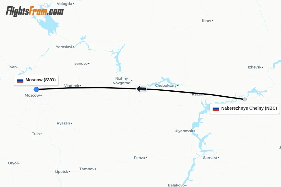Flights from Naberezhnye Chelny to Moscow route map
