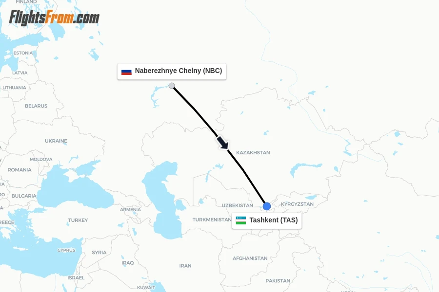 Flights from Naberezhnye Chelny to Tashkent route map