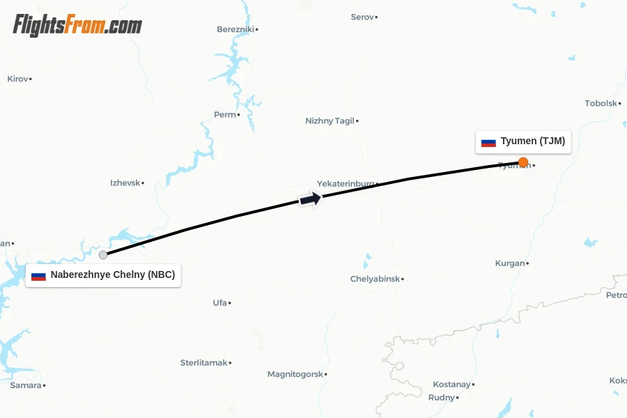 Flights from Naberezhnye Chelny to Tyumen route map