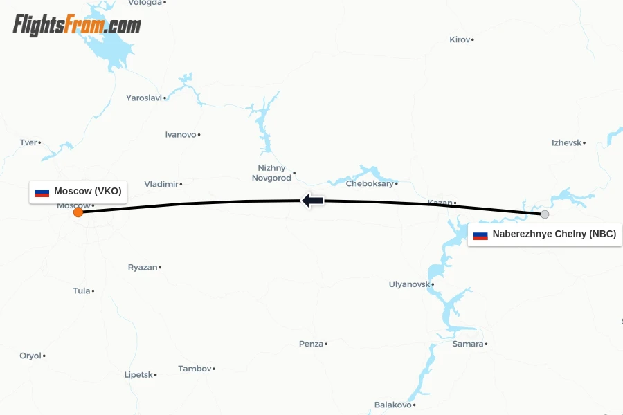 Flights from Naberezhnye Chelny to Moscow route map