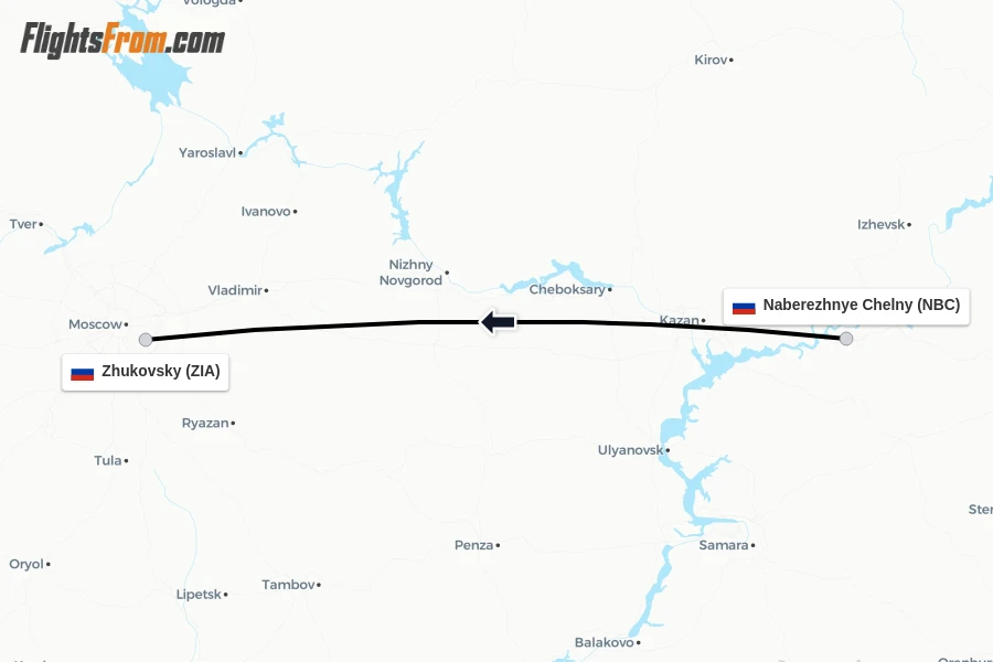 Flights from Naberezhnye Chelny to Zhukovsky route map
