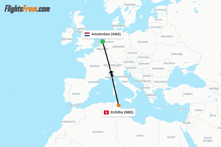 Flights from Enfidha to Amsterdam route map