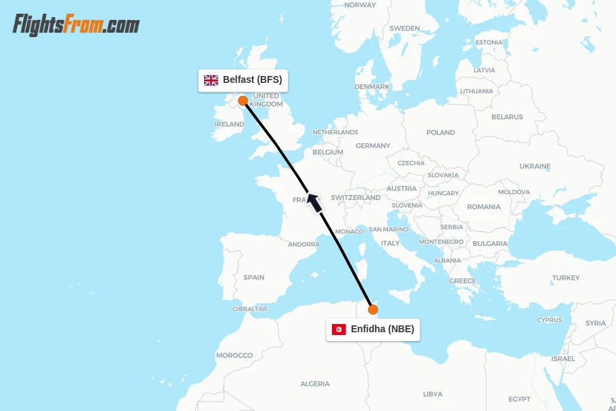 Flights from Enfidha to Belfast route map