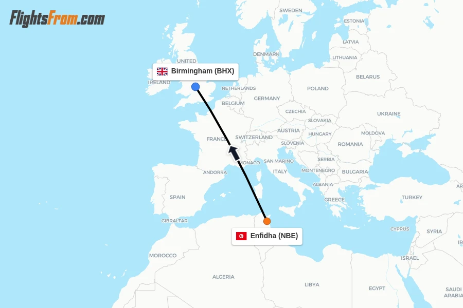 Flights from Enfidha to Birmingham route map