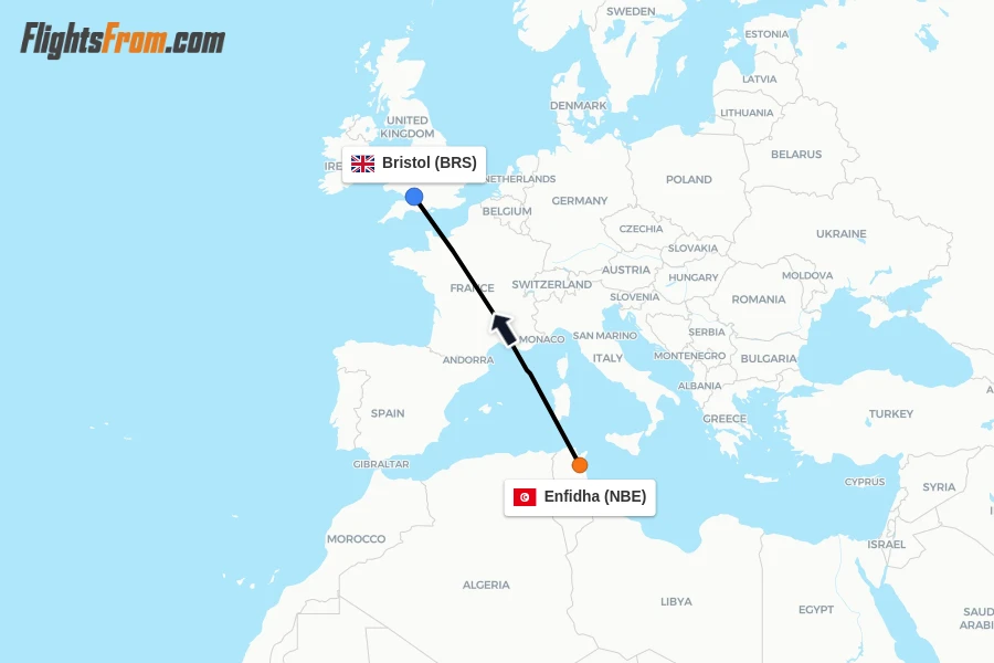 Flights from Enfidha to Bristol route map