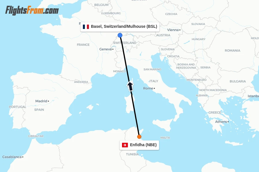 Flights from Enfidha to Basel, Switzerland/Mulhouse route map