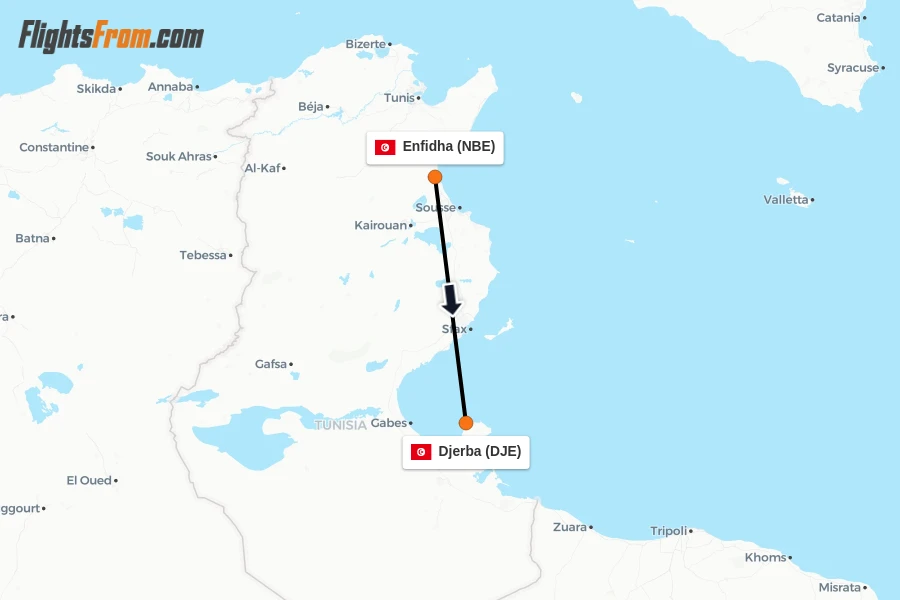 Flights from Enfidha to Djerba route map
