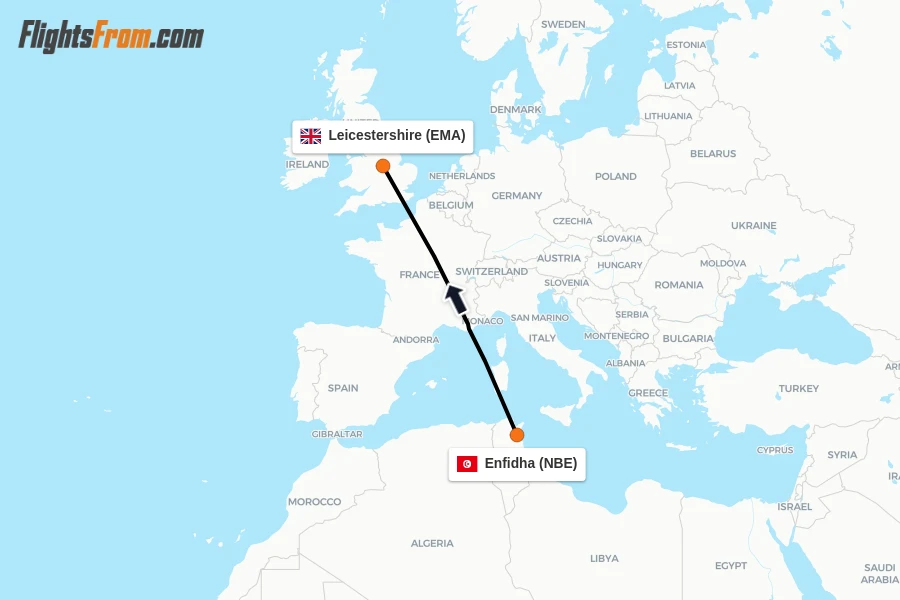 Flights from Enfidha to Leicestershire route map