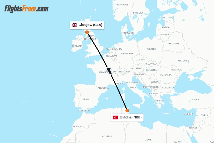 Flights from Enfidha to Glasgow route map