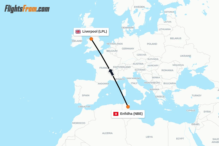 Flights from Enfidha to Liverpool route map