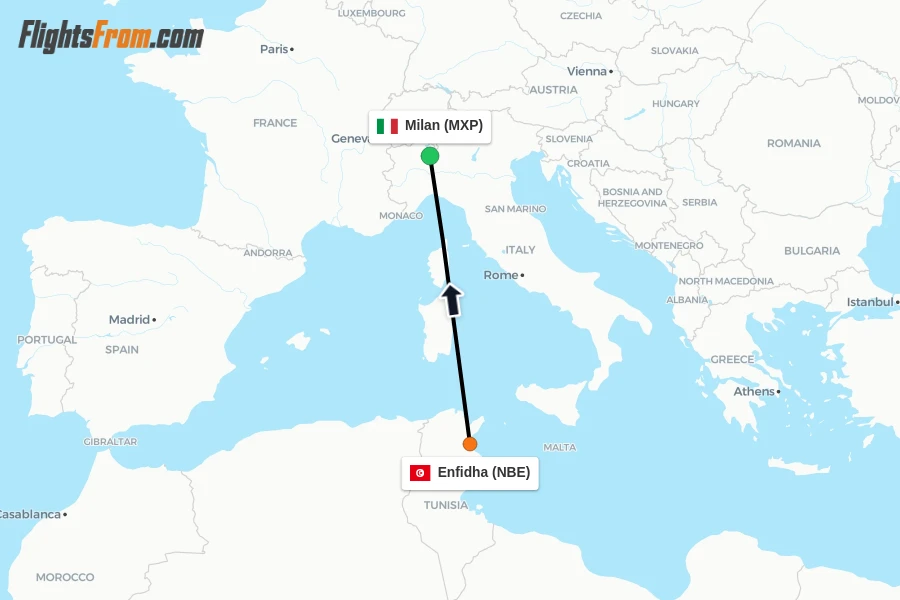 Flights from Enfidha to Milan route map
