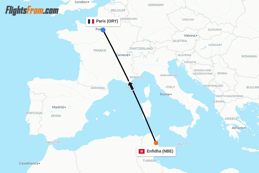 Flights from Enfidha to Paris route map