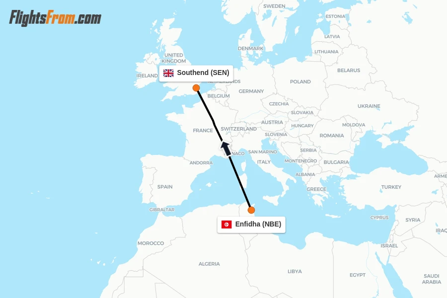 Flights from Enfidha to Southend route map