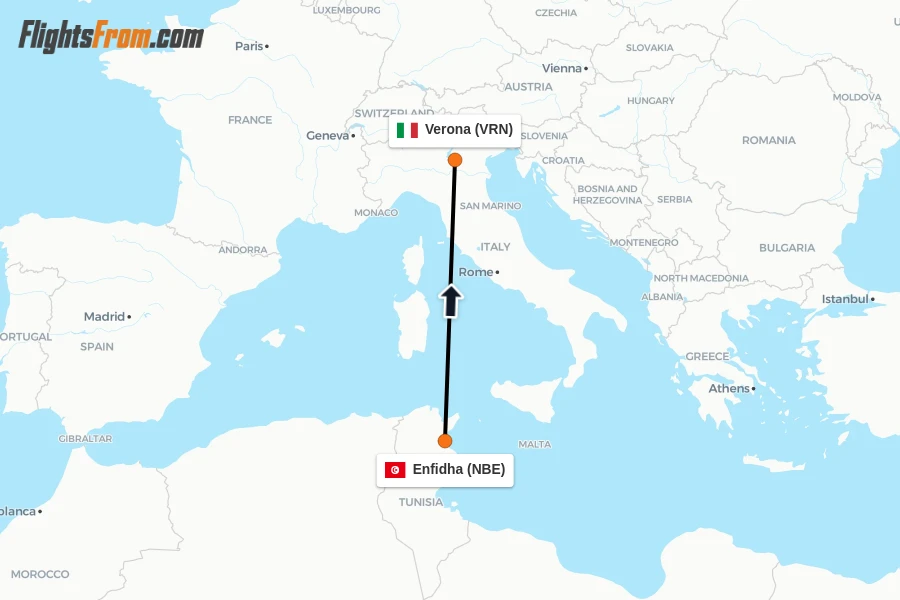 Flights from Enfidha to Verona route map