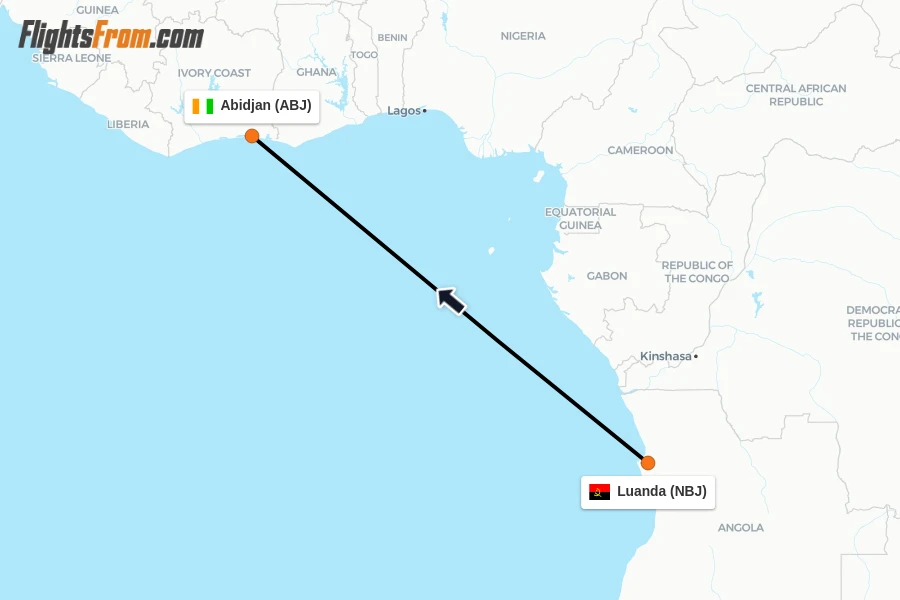 Flights from Luanda to Abidjan route map