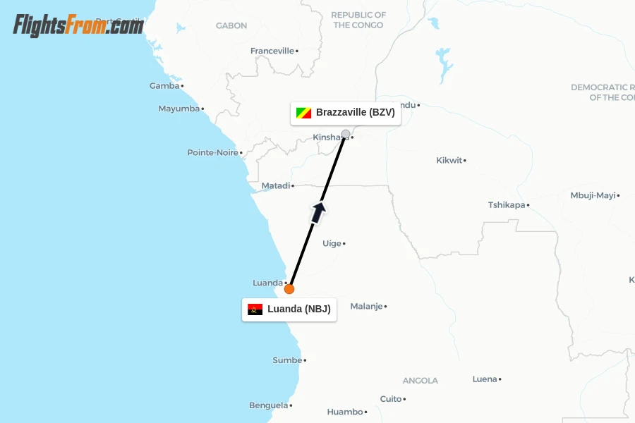 Flights from Luanda to Brazzaville route map