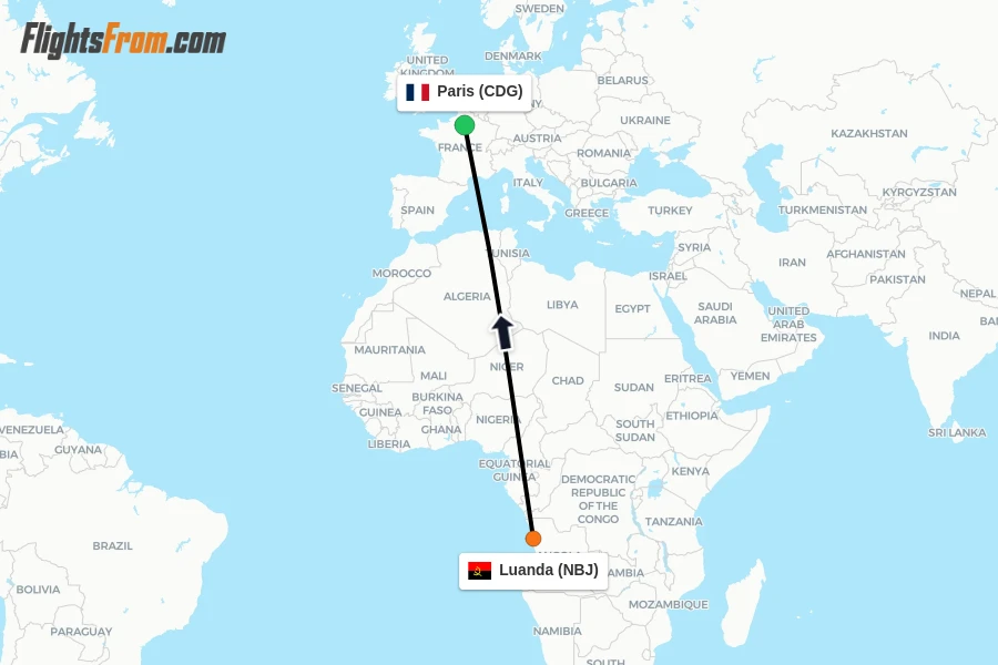 Flights from Luanda to Paris route map
