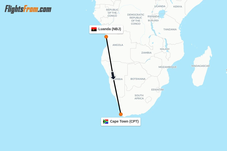 Flights from Luanda to Cape Town route map