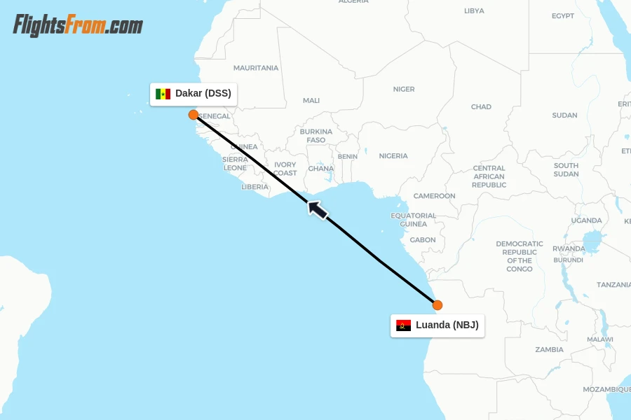 Flights from Luanda to Dakar route map