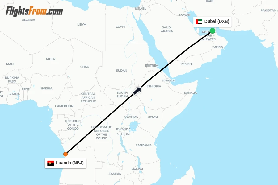 Flights from Luanda to Dubai route map