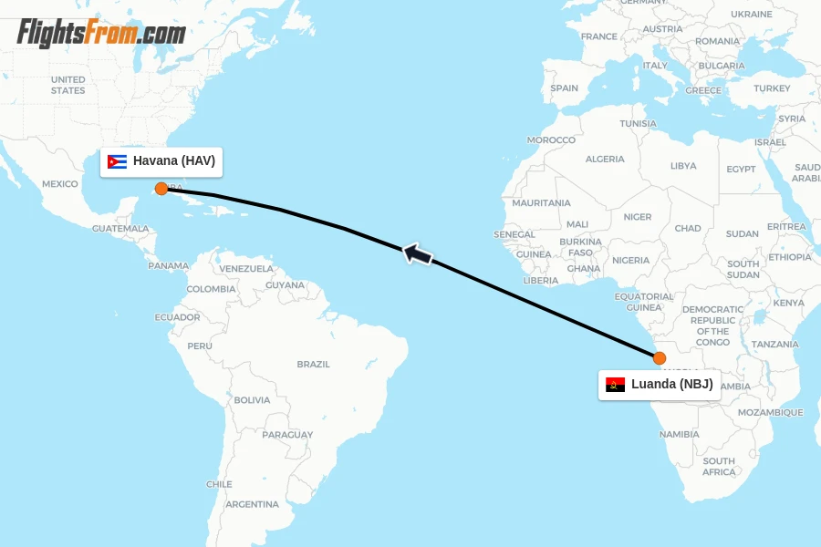 Flights from Luanda to Havana route map